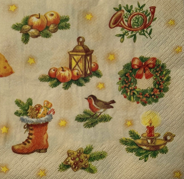 Serviette Weihnachtsmotive Nussknacker, Weihnachtsgans, Trommel, Hintergrund beige, Rarität